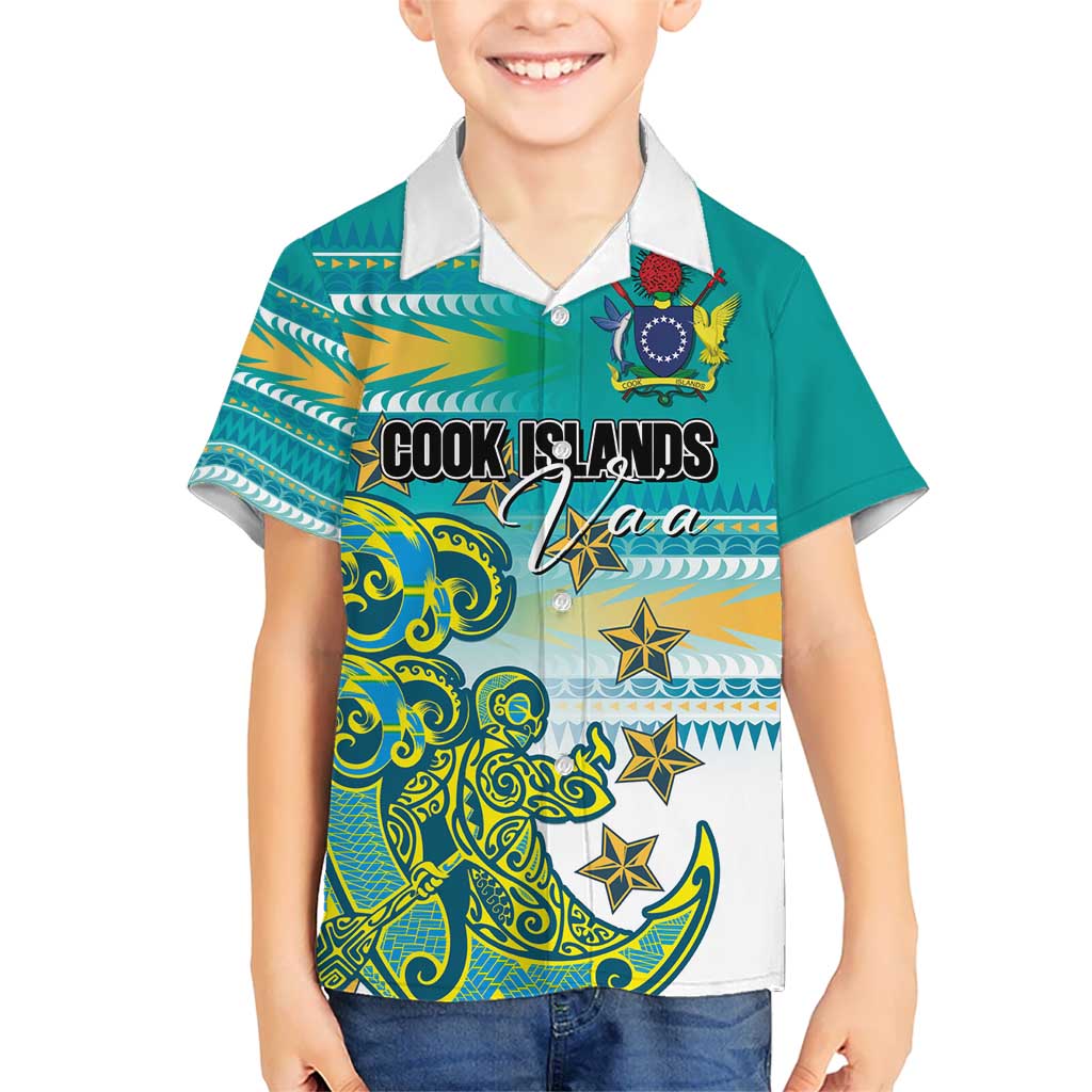 Personalised Cook Islands Va'a Race Kid Hawaiian Shirt Te Tatau Tattoos Sporty Style Turquoise Color - Polynesian Pride