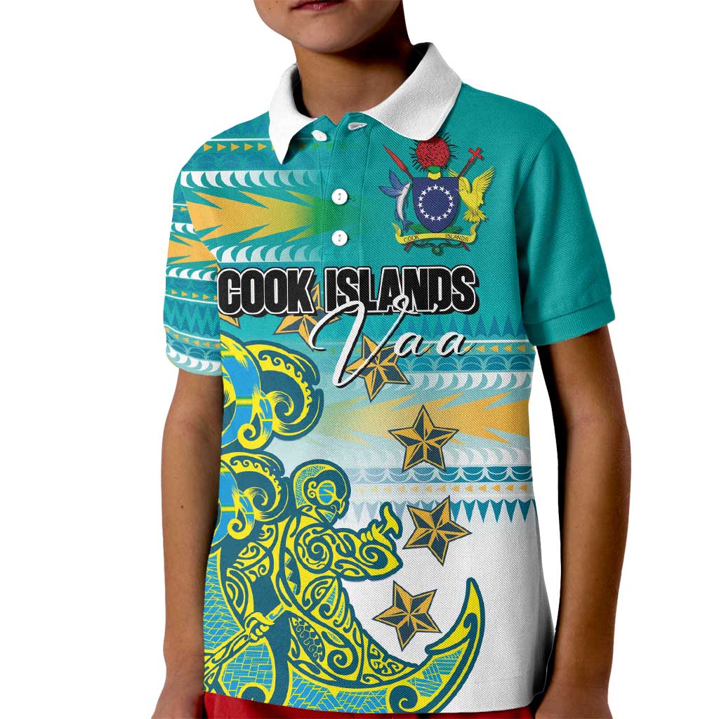 Personalised Cook Islands Va'a Race Kid Polo Shirt Te Tatau Tattoos Sporty Style Turquoise Color - Polynesian Pride