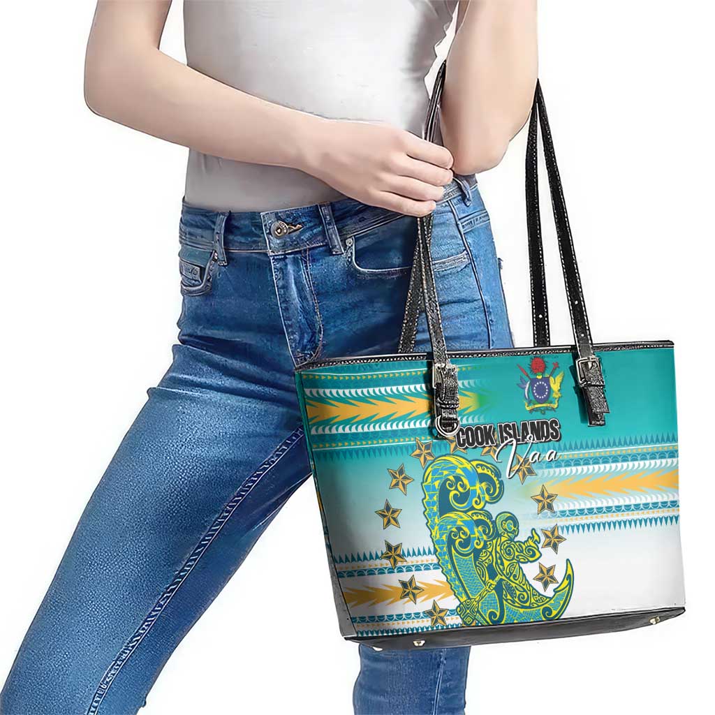 Cook Islands Va'a Race Leather Tote Bag Te Tatau Tattoos Sporty Style Turquoise Color - Polynesian Pride