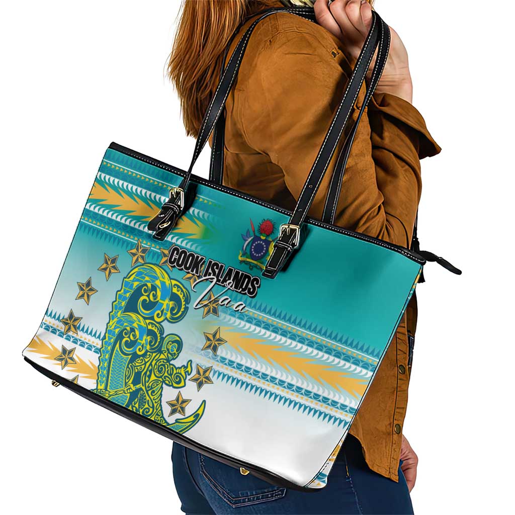 Cook Islands Va'a Race Leather Tote Bag Te Tatau Tattoos Sporty Style Turquoise Color - Polynesian Pride