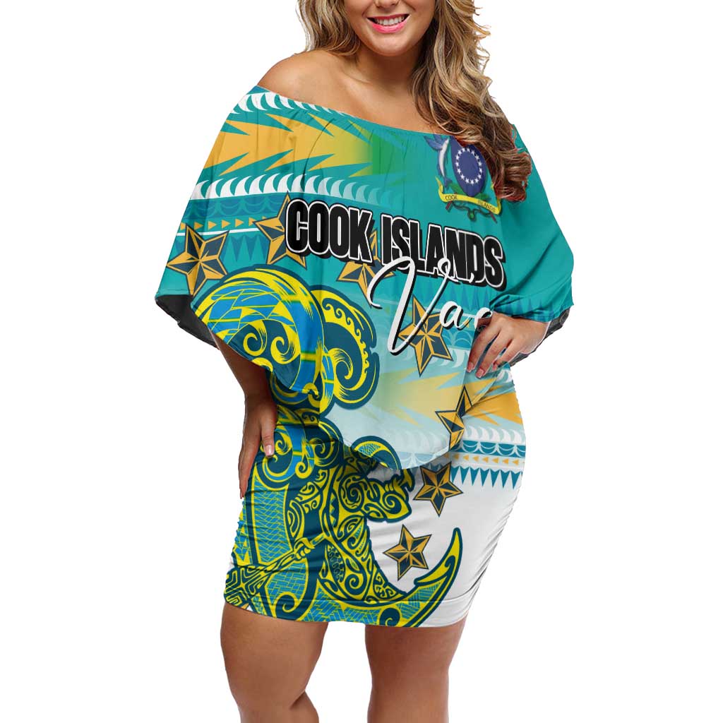 Personalised Cook Islands Va'a Race Off Shoulder Short Dress Te Tatau Tattoos Sporty Style Turquoise Color - Polynesian Pride