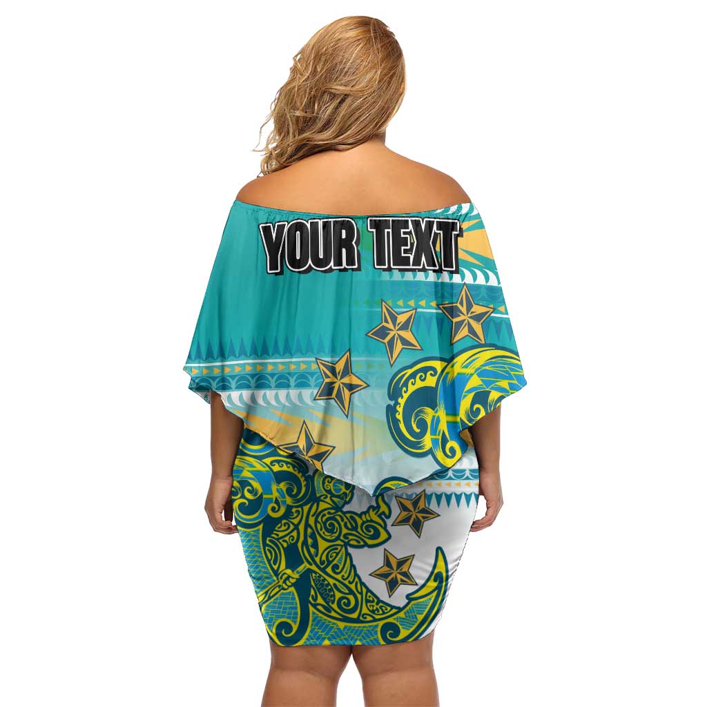 Personalised Cook Islands Va'a Race Off Shoulder Short Dress Te Tatau Tattoos Sporty Style Turquoise Color - Polynesian Pride