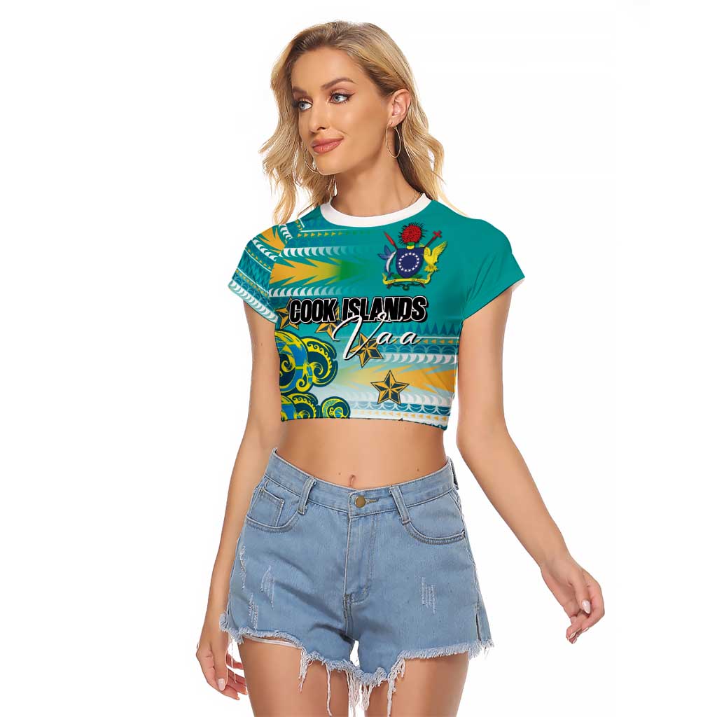 Personalised Cook Islands Va'a Race Raglan Cropped T Shirt Te Tatau Tattoos Sporty Style Turquoise Color - Polynesian Pride
