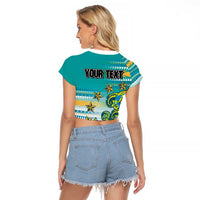 Personalised Cook Islands Va'a Race Raglan Cropped T Shirt Te Tatau Tattoos Sporty Style Turquoise Color - Polynesian Pride