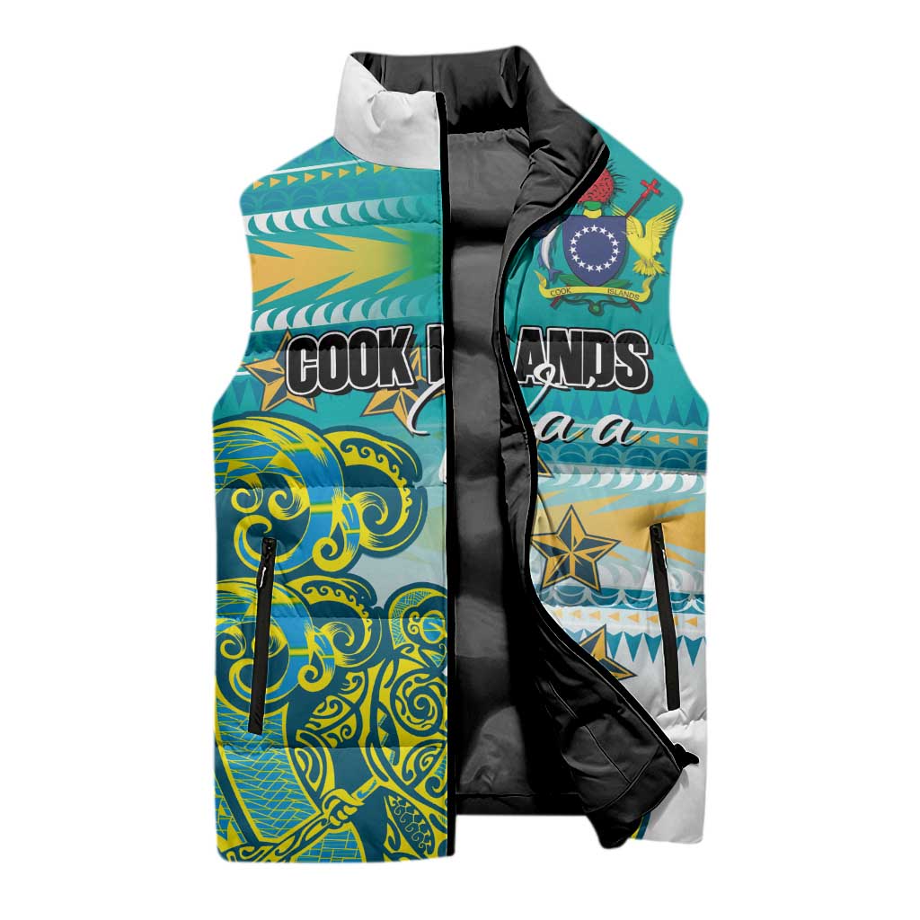 Personalised Cook Islands Va'a Race Sleeveless Puffer Jacket Te Tatau Tattoos Sporty Style Turquoise Color - Polynesian Pride