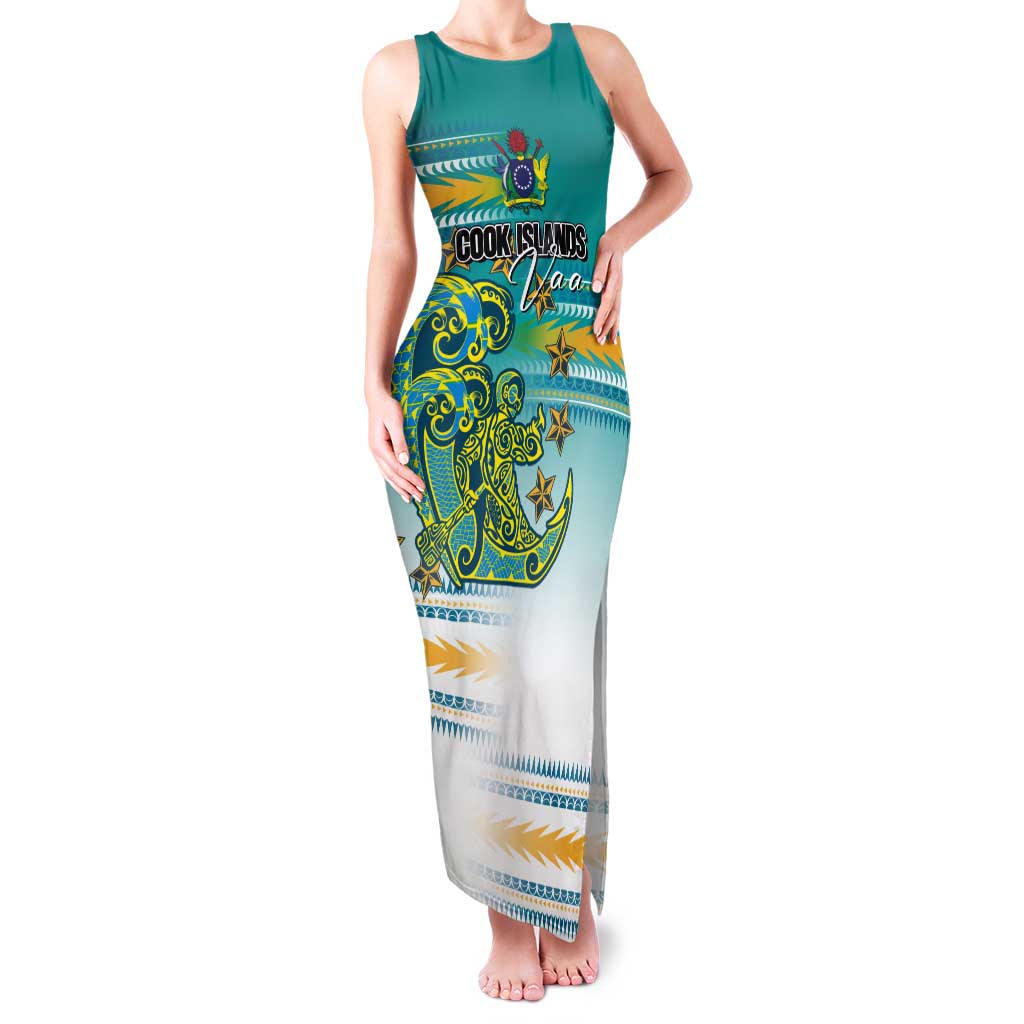 Personalised Cook Islands Va'a Race Tank Maxi Dress Te Tatau Tattoos Sporty Style Turquoise Color - Polynesian Pride