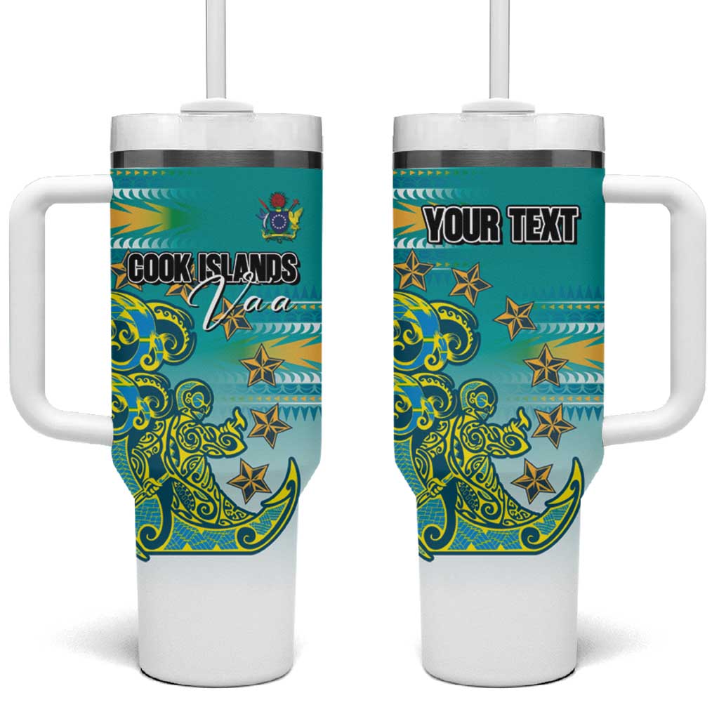 Personalised Cook Islands Va'a Race Tumbler With Handle Te Tatau Tattoos Sporty Style Turquoise Color - Polynesian Pride