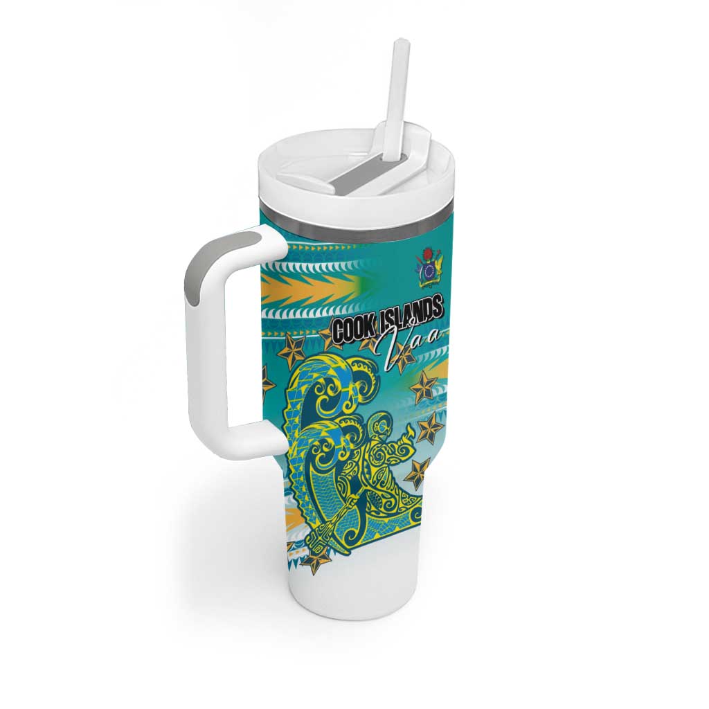Personalised Cook Islands Va'a Race Tumbler With Handle Te Tatau Tattoos Sporty Style Turquoise Color - Polynesian Pride
