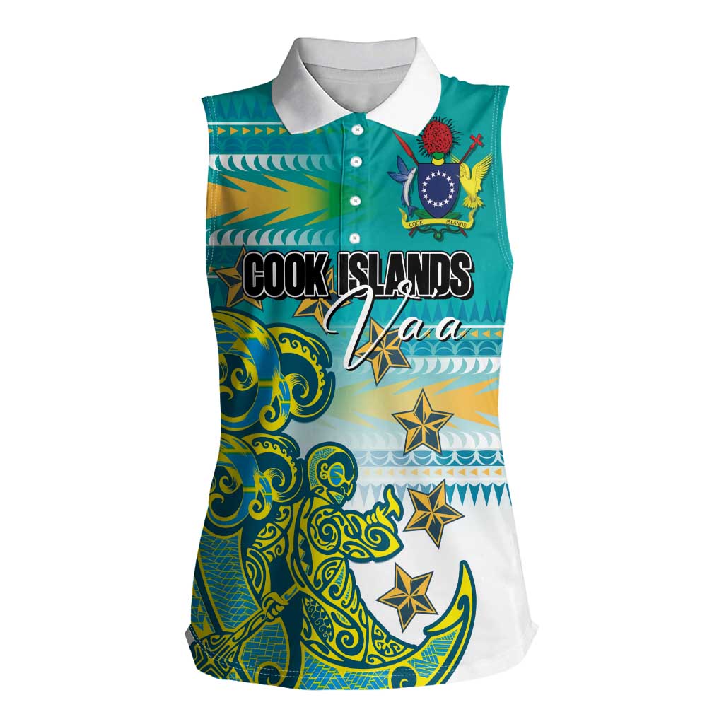 Personalised Cook Islands Va'a Race Women Sleeveless Polo Shirt Te Tatau Tattoos Sporty Style Turquoise Color - Polynesian Pride