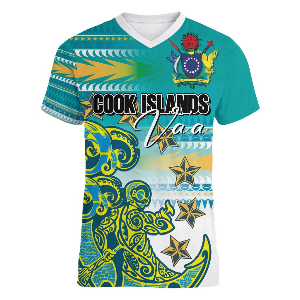 Personalised Cook Islands Va'a Race Women V-Neck T-Shirt Te Tatau Tattoos Sporty Style Turquoise Color - Polynesian Pride