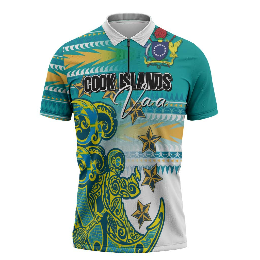 Personalised Cook Islands Va'a Race Zipper Polo Shirt Te Tatau Tattoos Sporty Style Turquoise Color - Polynesian Pride