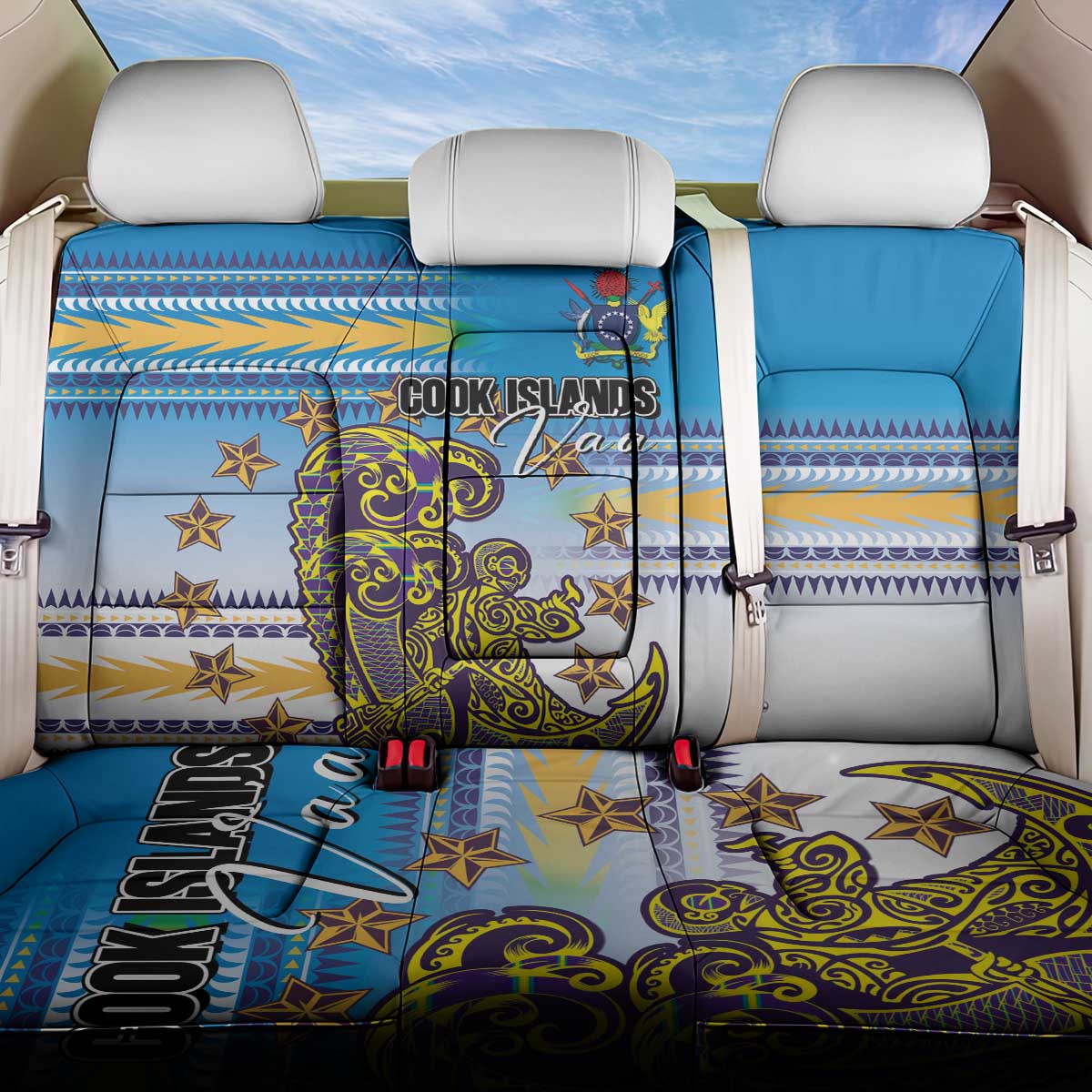Cook Islands Va'a Race Back Car Seat Cover Te Tatau Tattoos Sporty Style Glory Blue Color - Polynesian Pride