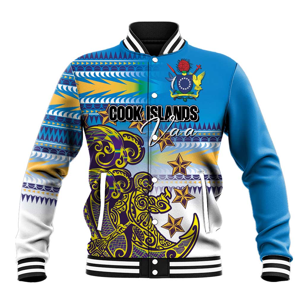 Personalised Cook Islands Va'a Race Baseball Jacket Te Tatau Tattoos Sporty Style Glory Blue Color - Polynesian Pride