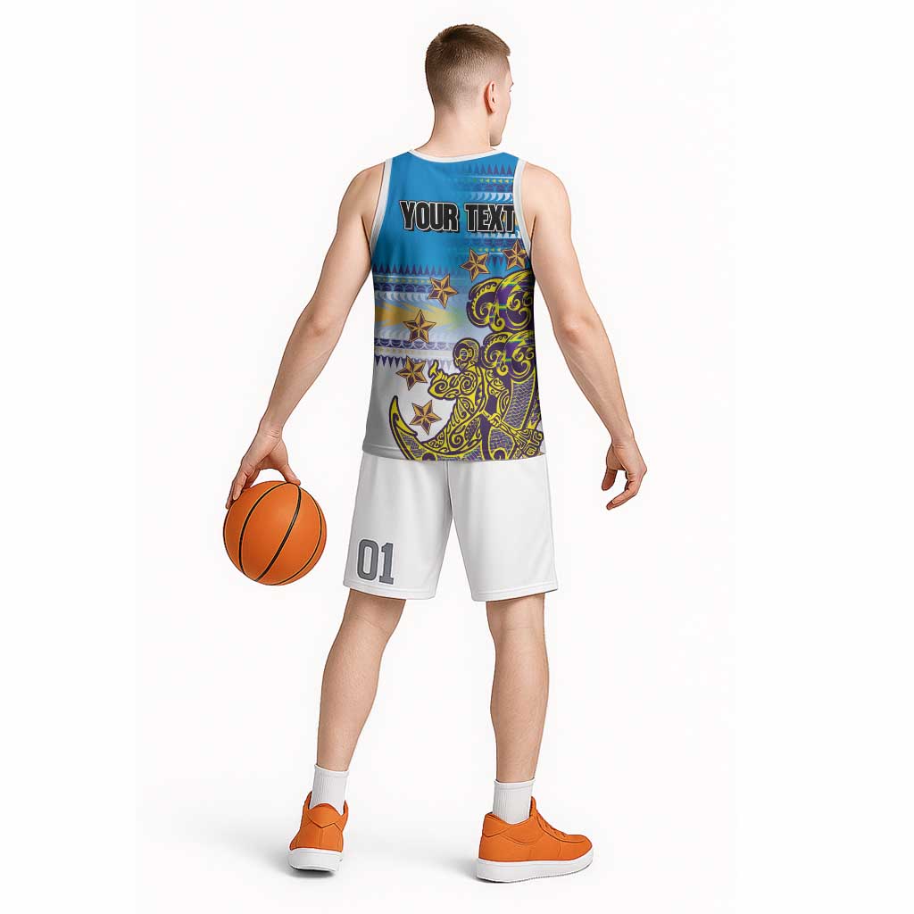 Personalised Cook Islands Va'a Race Basketball Jersey Te Tatau Tattoos Sporty Style Glory Blue Color - Polynesian Pride