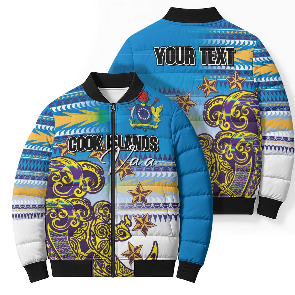 Personalised Cook Islands Va'a Race Bomber Puffer Jacket Te Tatau Tattoos Sporty Style Glory Blue Color - Polynesian Pride