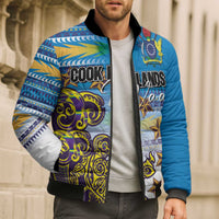 Personalised Cook Islands Va'a Race Bomber Puffer Jacket Te Tatau Tattoos Sporty Style Glory Blue Color - Polynesian Pride