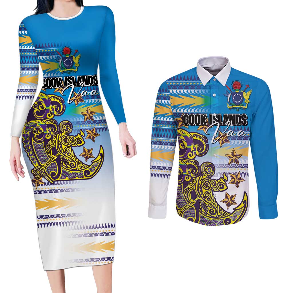 Personalised Cook Islands Va'a Race Couples Matching Long Sleeve Bodycon Dress and Long Sleeve Button Shirt Te Tatau Tattoos Sporty Style Glory Blue Color - Polynesian Pride