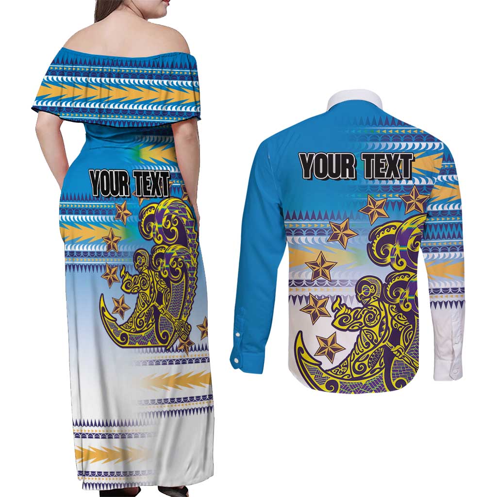 Personalised Cook Islands Va'a Race Couples Matching Off Shoulder Maxi Dress and Long Sleeve Button Shirt Te Tatau Tattoos Sporty Style Glory Blue Color - Polynesian Pride