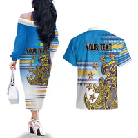 Personalised Cook Islands Va'a Race Couples Matching Off The Shoulder Long Sleeve Dress and Hawaiian Shirt Te Tatau Tattoos Sporty Style Glory Blue Color - Polynesian Pride