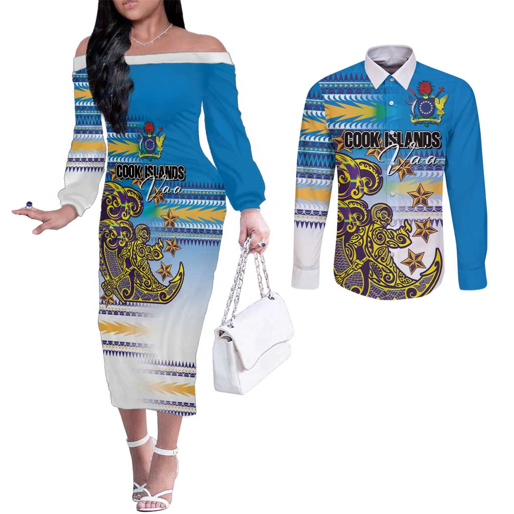 Personalised Cook Islands Va'a Race Couples Matching Off The Shoulder Long Sleeve Dress and Long Sleeve Button Shirt Te Tatau Tattoos Sporty Style Glory Blue Color - Polynesian Pride