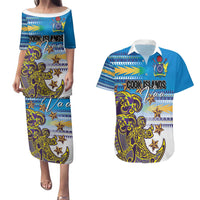 Personalised Cook Islands Va'a Race Couples Matching Puletasi and Hawaiian Shirt Te Tatau Tattoos Sporty Style Glory Blue Color - Polynesian Pride