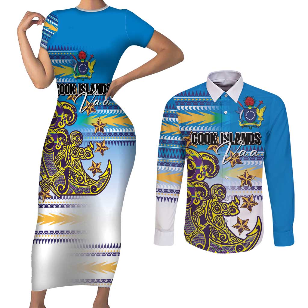 Personalised Cook Islands Va'a Race Couples Matching Short Sleeve Bodycon Dress and Long Sleeve Button Shirt Te Tatau Tattoos Sporty Style Glory Blue Color - Polynesian Pride