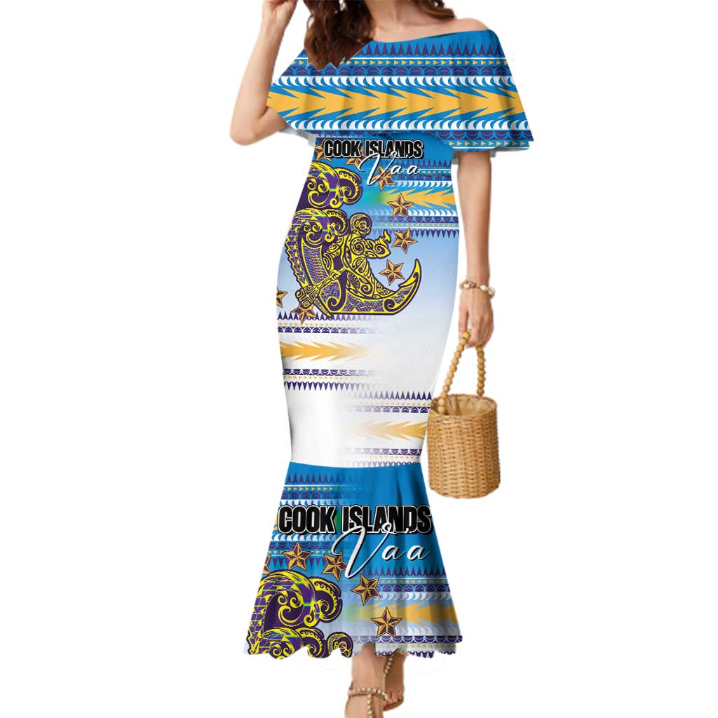 Personalised Cook Islands Va'a Race Family Matching Mermaid Dress and Hawaiian Shirt Te Tatau Tattoos Sporty Style Glory Blue Color - Polynesian Pride