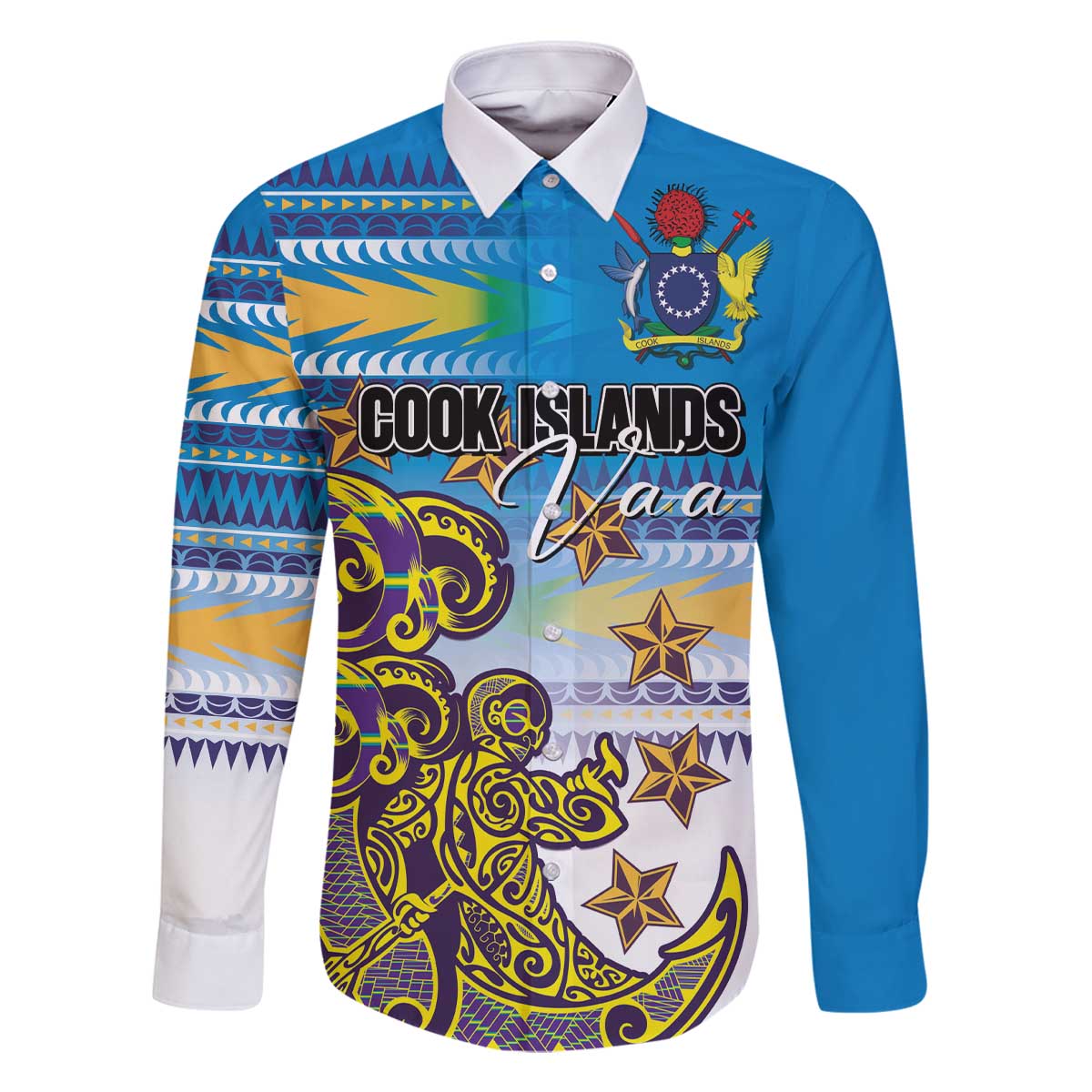 Personalised Cook Islands Va'a Race Family Matching Off The Shoulder Long Sleeve Dress and Hawaiian Shirt Te Tatau Tattoos Sporty Style Glory Blue Color - Polynesian Pride