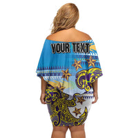 Personalised Cook Islands Va'a Race Family Matching Off Shoulder Short Dress and Hawaiian Shirt Te Tatau Tattoos Sporty Style Glory Blue Color - Polynesian Pride