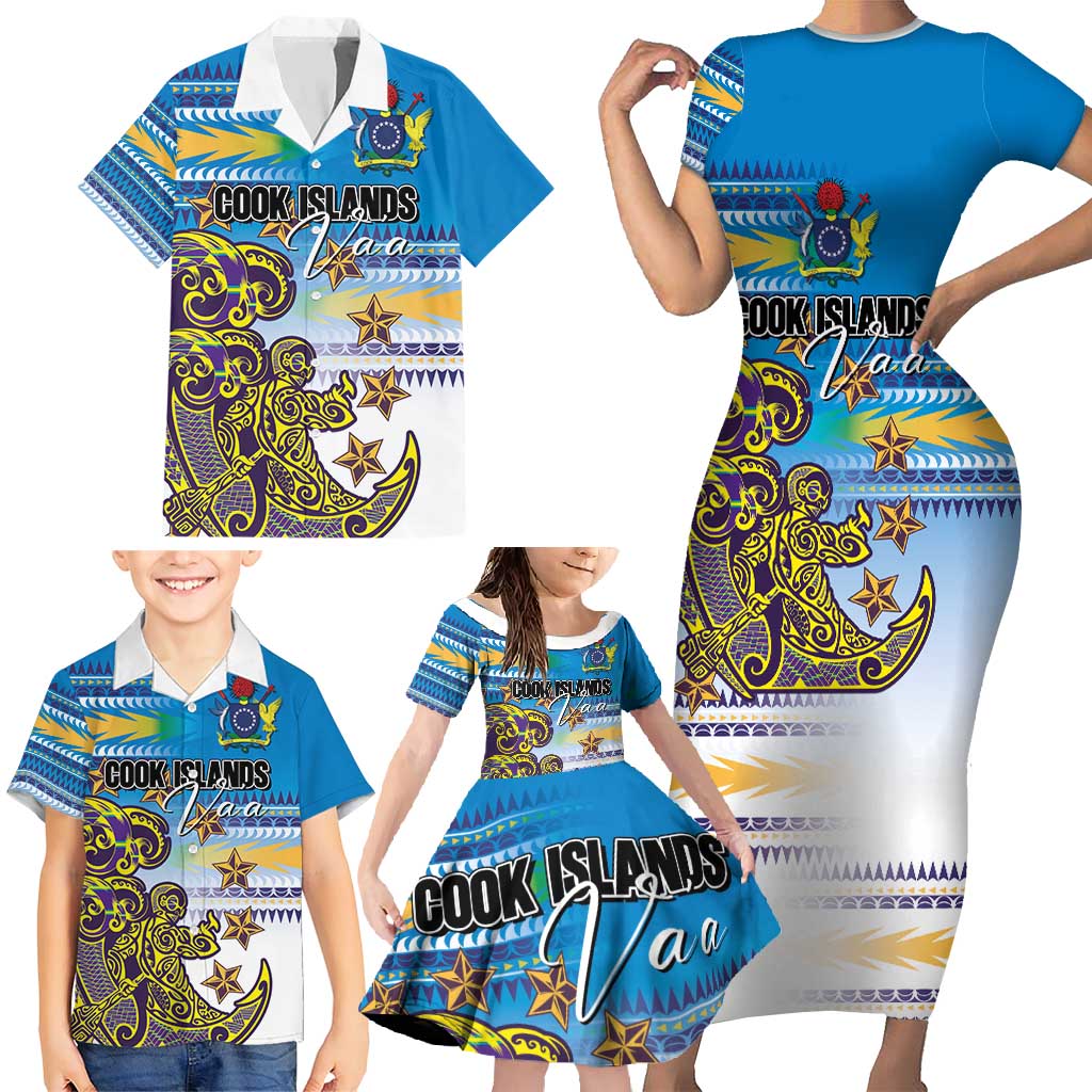 Personalised Cook Islands Va'a Race Family Matching Short Sleeve Bodycon Dress and Hawaiian Shirt Te Tatau Tattoos Sporty Style Glory Blue Color - Polynesian Pride