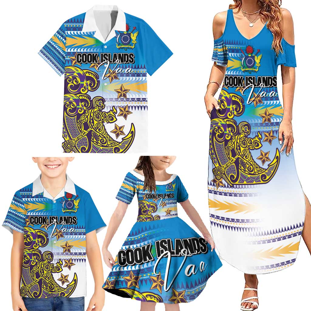Personalised Cook Islands Va'a Race Family Matching Summer Maxi Dress and Hawaiian Shirt Te Tatau Tattoos Sporty Style Glory Blue Color - Polynesian Pride