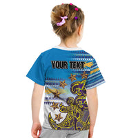 Personalised Cook Islands Va'a Race Kid T Shirt Te Tatau Tattoos Sporty Style Glory Blue Color - Polynesian Pride