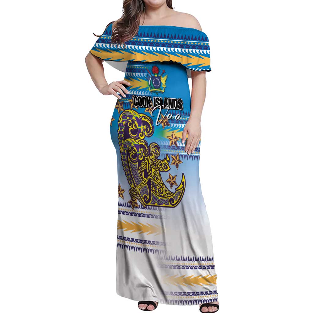 Personalised Cook Islands Va'a Race Off Shoulder Maxi Dress Te Tatau Tattoos Sporty Style Glory Blue Color - Polynesian Pride