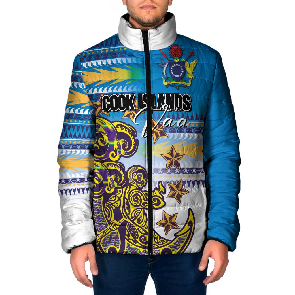Personalised Cook Islands Va'a Race Padded Jacket Te Tatau Tattoos Sporty Style Glory Blue Color - Polynesian Pride