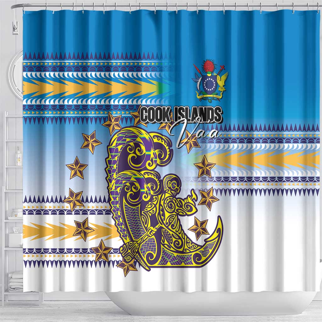 Cook Islands Va'a Race Shower Curtain Te Tatau Tattoos Sporty Style Glory Blue Color - Polynesian Pride