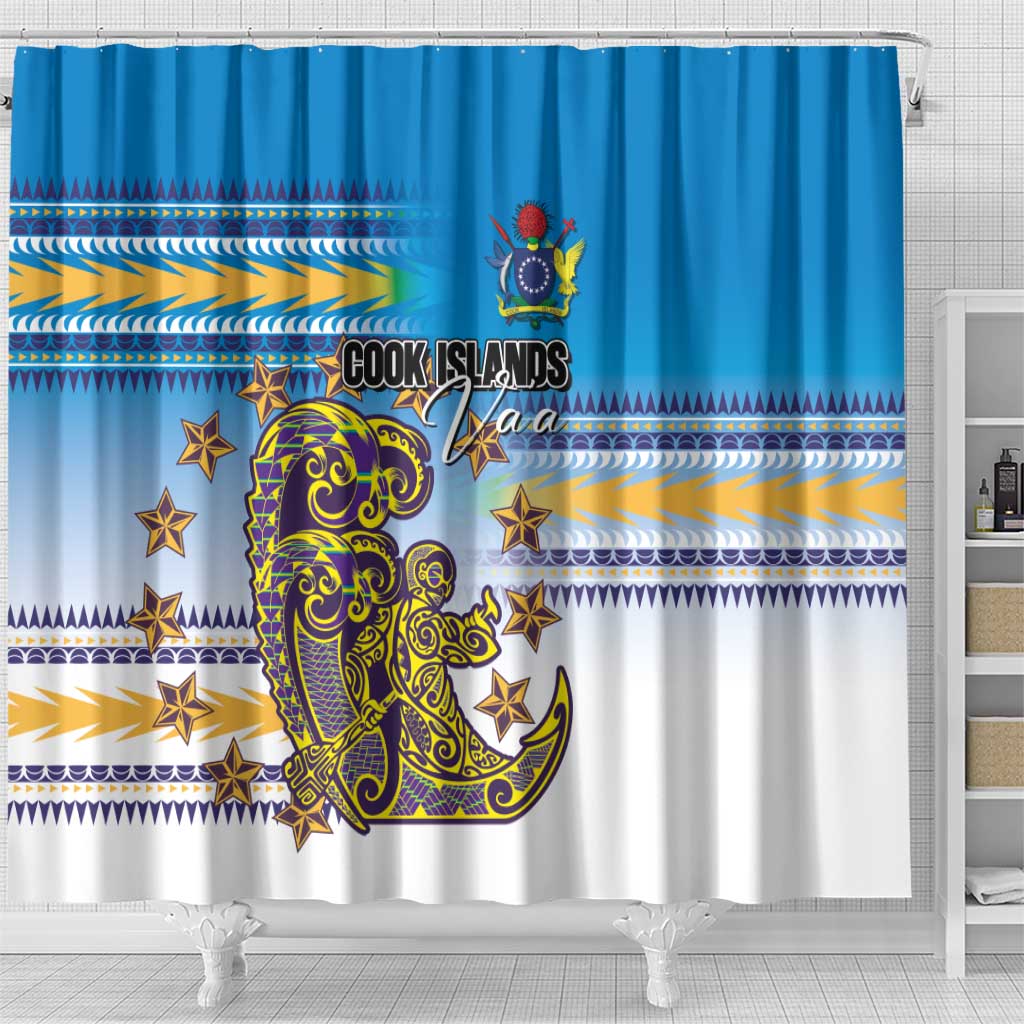 Cook Islands Va'a Race Shower Curtain Te Tatau Tattoos Sporty Style Glory Blue Color - Polynesian Pride