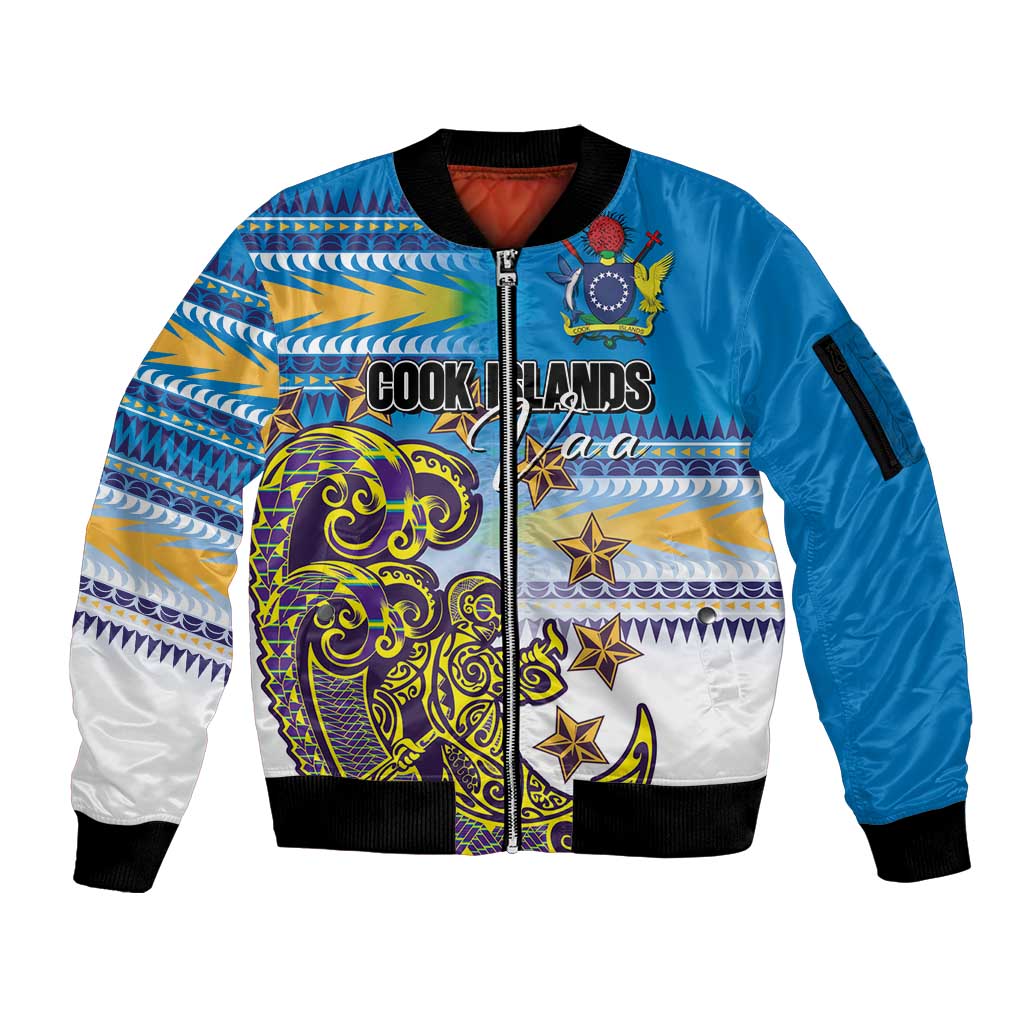 Personalised Cook Islands Va'a Race Sleeve Zip Bomber Jacket Te Tatau Tattoos Sporty Style Glory Blue Color - Polynesian Pride