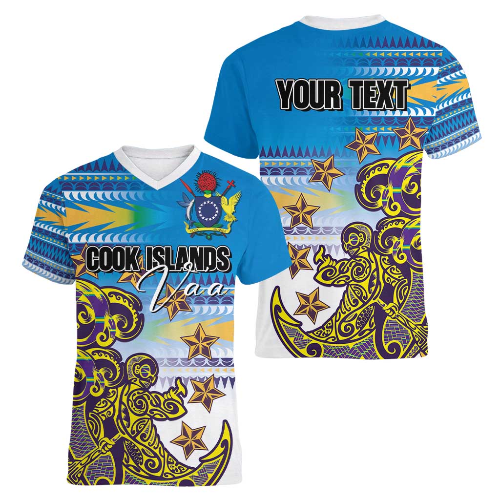 Personalised Cook Islands Va'a Race Women V-Neck T-Shirt Te Tatau Tattoos Sporty Style Glory Blue Color - Polynesian Pride