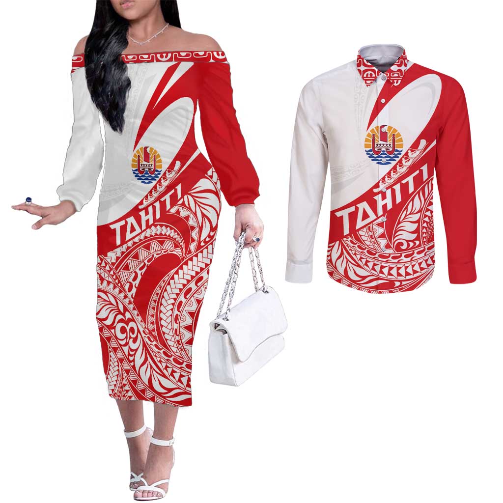 Personalised Tahiti Va'a Race Couples Matching Off The Shoulder Long Sleeve Dress and Long Sleeve Button Shirt Polynesian Tattoos Sporty Style - Polynesian Pride