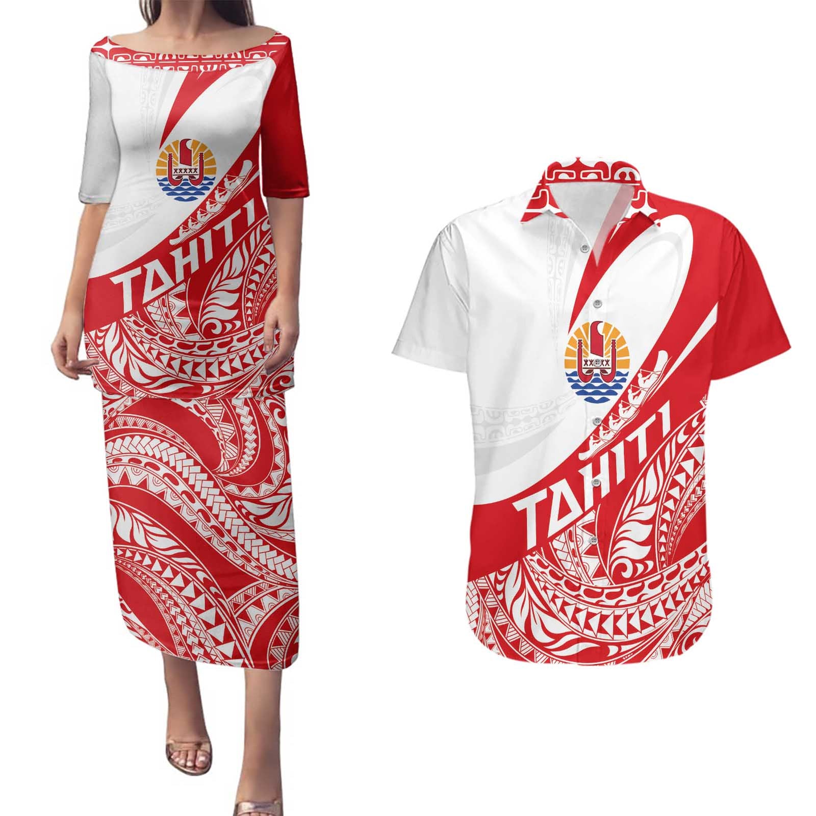 Personalised Tahiti Va'a Race Couples Matching Puletasi and Hawaiian Shirt Polynesian Tattoos Sporty Style - Polynesian Pride