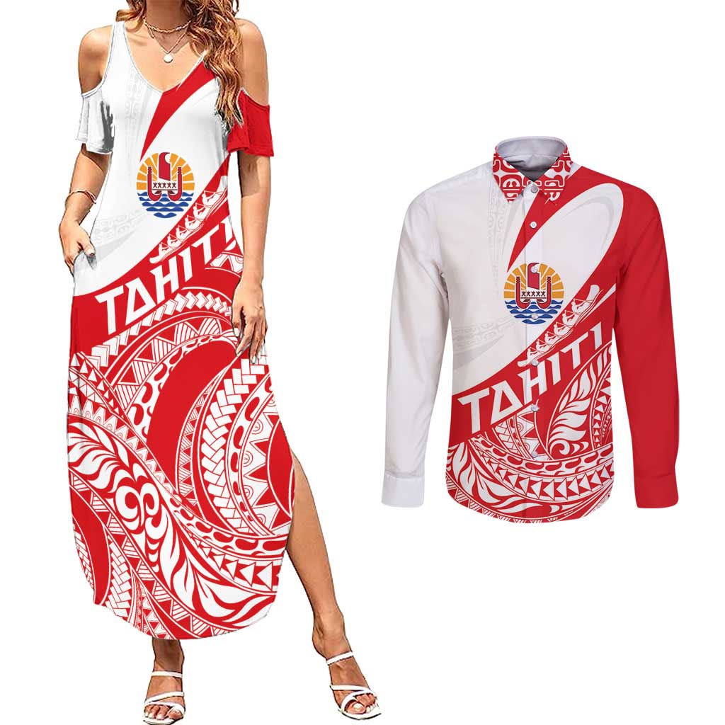 Personalised Tahiti Va'a Race Couples Matching Summer Maxi Dress and Long Sleeve Button Shirt Polynesian Tattoos Sporty Style - Polynesian Pride
