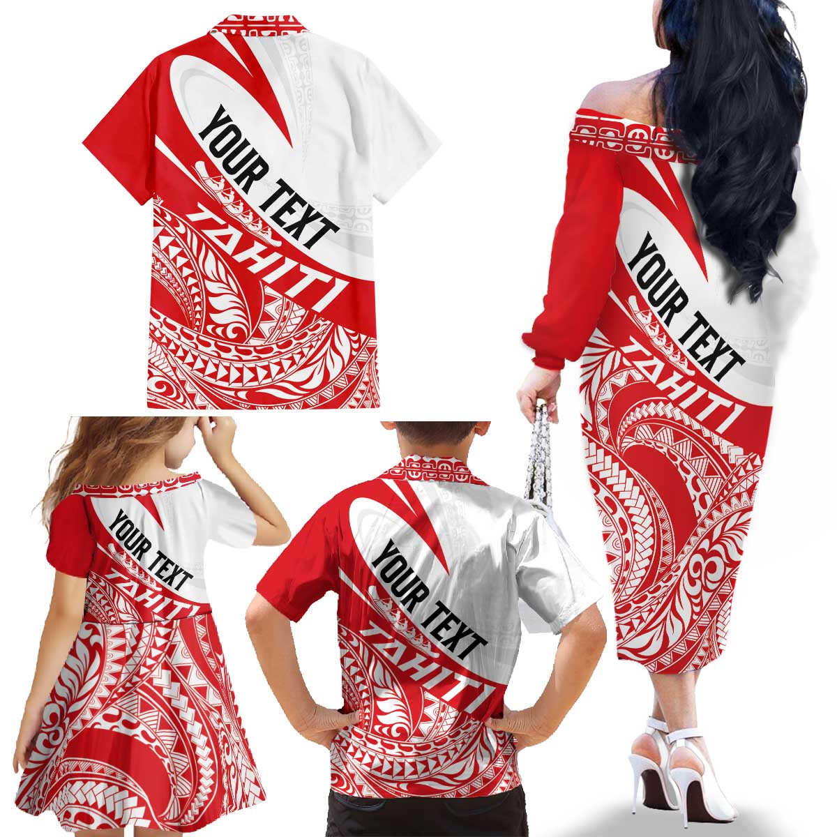 Personalised Tahiti Va'a Race Family Matching Off The Shoulder Long Sleeve Dress and Hawaiian Shirt Polynesian Tattoos Sporty Style - Polynesian Pride