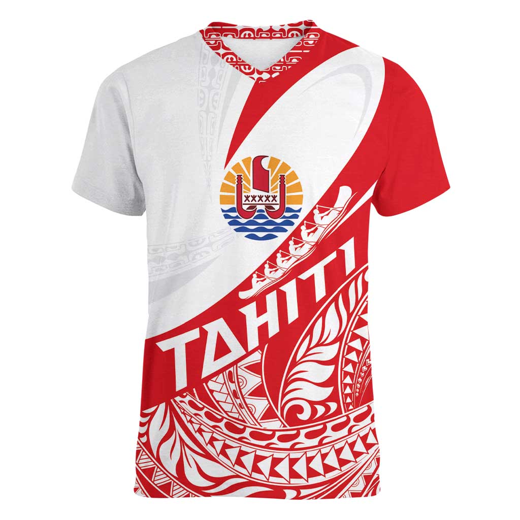 Personalised Tahiti Va'a Race Women V-Neck T-Shirt Polynesian Tattoos Sporty Style - Polynesian Pride