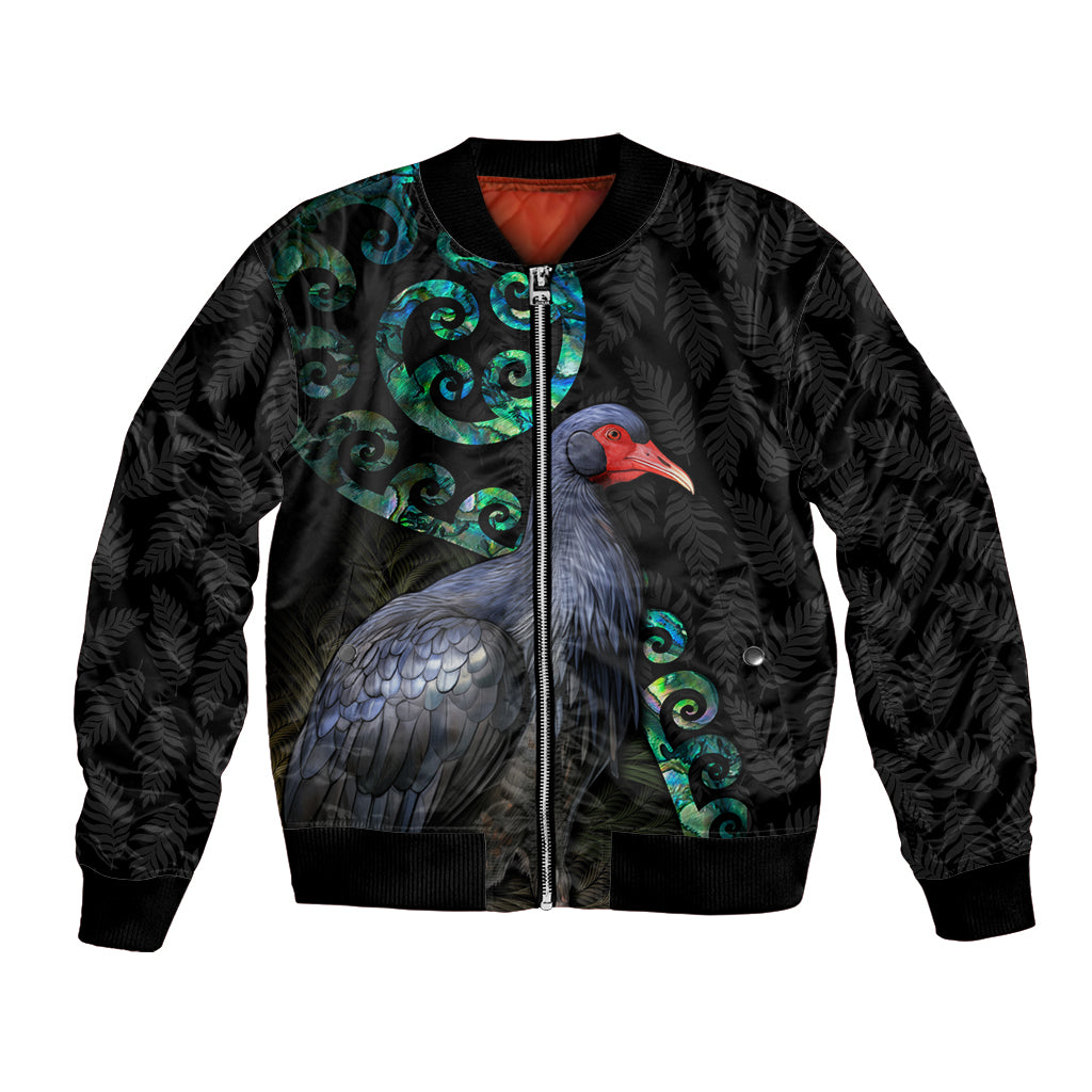 Custom Pukeko New Zealand Bomber Jacket Koru Papua Shell with Silver Fern Pattern LT03 Unisex Black - Polynesian Pride