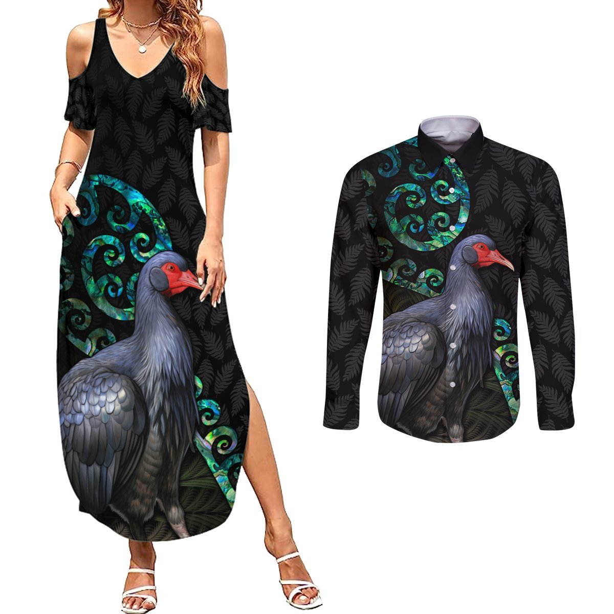 Custom Pukeko New Zealand Couples Matching Summer Maxi Dress and Long Sleeve Button Shirt Koru Papua Shell with Silver Fern Pattern LT03 - Polynesian Pride