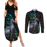 Custom Pukeko New Zealand Couples Matching Summer Maxi Dress and Long Sleeve Button Shirt Koru Papua Shell with Silver Fern Pattern LT03 - Polynesian Pride
