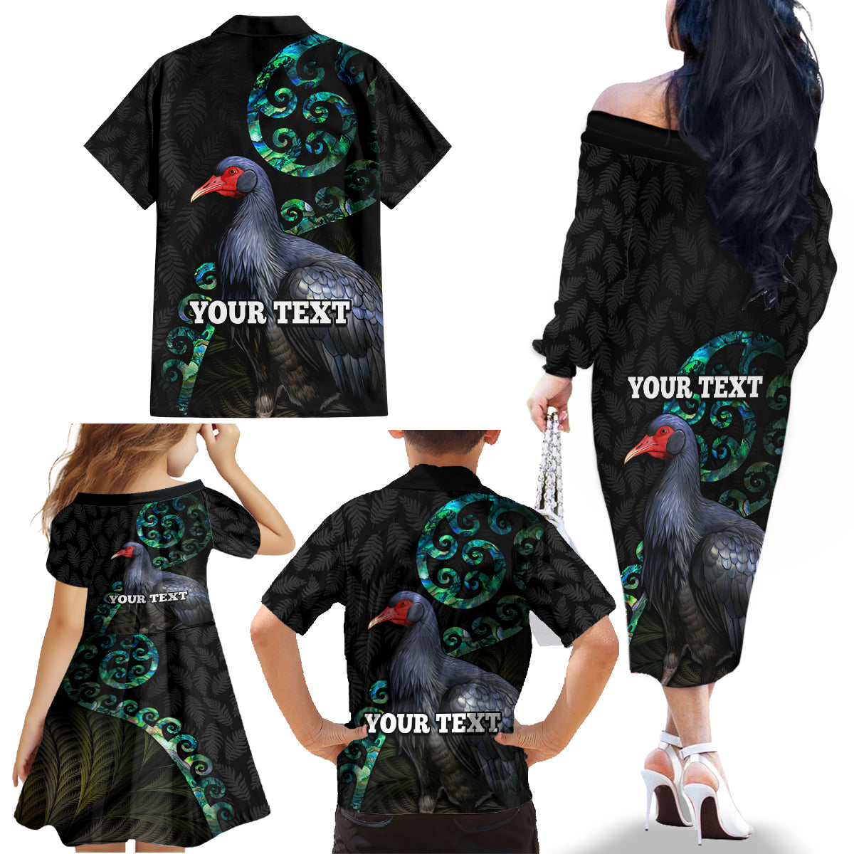 Custom Pukeko New Zealand Family Matching Off Shoulder Long Sleeve Dress and Hawaiian Shirt Koru Papua Shell with Silver Fern Pattern LT03 - Polynesian Pride