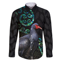 Custom Pukeko New Zealand Family Matching Puletasi Dress and Hawaiian Shirt Koru Papua Shell with Silver Fern Pattern LT03 Dad's Shirt - Long Sleeve Black - Polynesian Pride