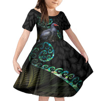 Custom Pukeko New Zealand Family Matching Short Sleeve Bodycon Dress and Hawaiian Shirt Koru Papua Shell with Silver Fern Pattern LT03 Daughter's Dress Black - Polynesian Pride