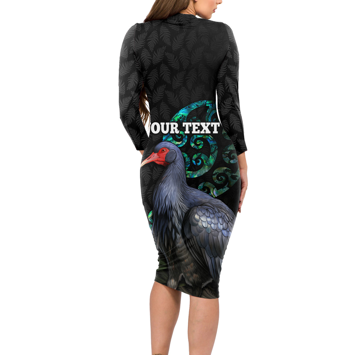 Custom Pukeko New Zealand Long Sleeve Bodycon Dress Koru Papua Shell with Silver Fern Pattern LT03 - Polynesian Pride